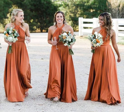 Dark Orange Halter Long Bridesmaid Dresses for Wedding