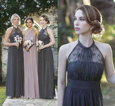 Halter Long Gray Bridesmaid Dresses with Lace