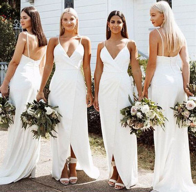Sexy Spaghetti Straps White Long Bridesmaid Dresses for Wedding