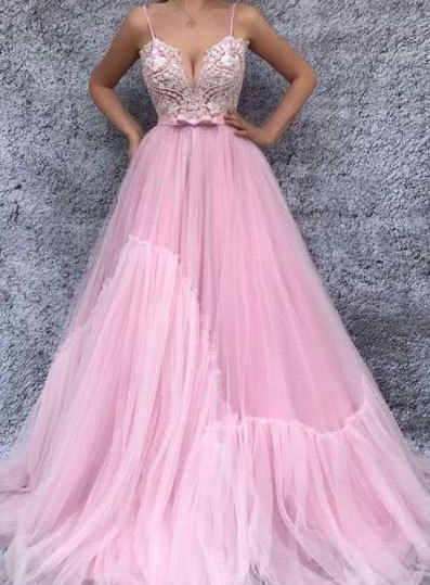 Elegant Spaghetti Straps Prom Dresses with Lace Sash