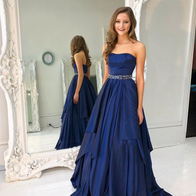 A-line tube navy blue long prom dress with beading - Thumbnail 5