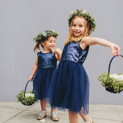 Princess sequins navy blue tulle flower girl dresses - Thumbnail 4
