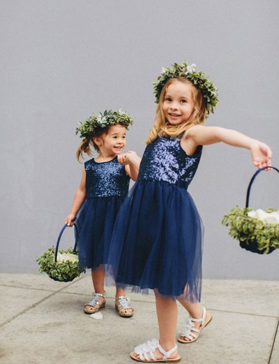 Princess Sequins Navy Blue Tulle Flower Girl Dresses