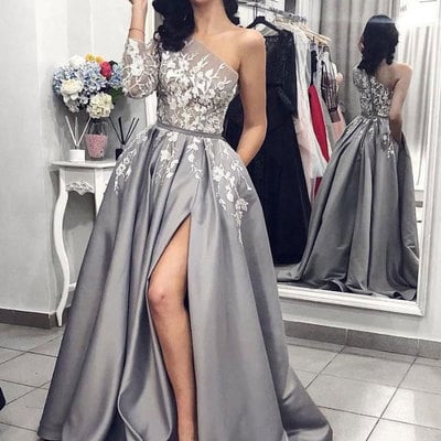 One single length long sleeves gray split side prom dresses with appliques - Thumbnail 4