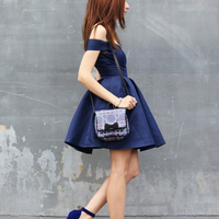 A Line Off the Shoulder Navy Blue Homecoming Dress, Satin Short Prom Dress HD1228001 - Thumbnail 1