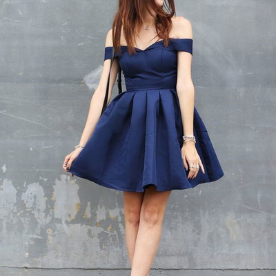 A line off the shoulder navy blue homecoming dress, satin short prom dress hd1228001 - Thumbnail 5