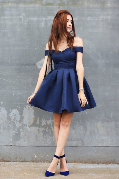 A Line Off the Shoulder Navy Blue Homecoming Dress, Satin Short Prom Dress HD1228001