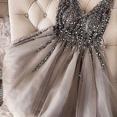 V neck grey beading homecoming dress,beaded short prom dress,2019 short homecoming dresses - Thumbnail 3