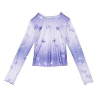 See-through Pastel Purple Gradient Butterfly Printed Mesh Top - Thumbnail 3