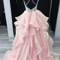 Pink Organza Long Prom Dresses with Beading,2019 Prom Dresses,Quinceanera Dresses - Thumbnail 1
