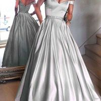 Ball Gown Dark Green / Grey / Daffodil Satin Long Prom Dresses,Off the Shoulder Prom Dresses,2019 Elegant Prom Dresses - Thumbnail 2