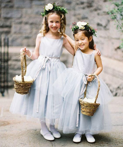 Light Sky Blue Ankle Length Flower Girl Dresses with Sash