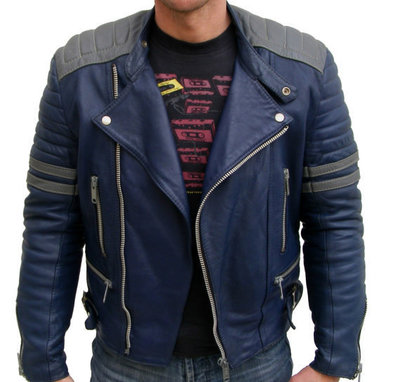 handmade Blue Real Leather Jacket, Men's Bomber Leather Fashion Jacket