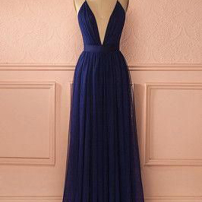 V neck navy chiffon long prom dresses,simple prom dresses,navy evening dresses - Thumbnail 4
