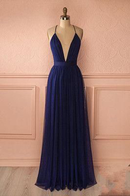 V Neck Navy Chiffon Long Prom Dresses,Simple Prom Dresses,Navy Evening Dresses
