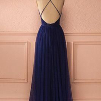 V Neck Navy Chiffon Long Prom Dresses,Simple Prom Dresses,Navy Evening Dresses - Thumbnail 1