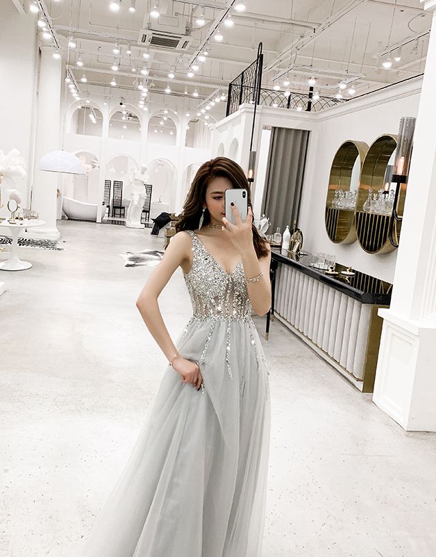 Gray v neck tulle long prom dress, evening dress
