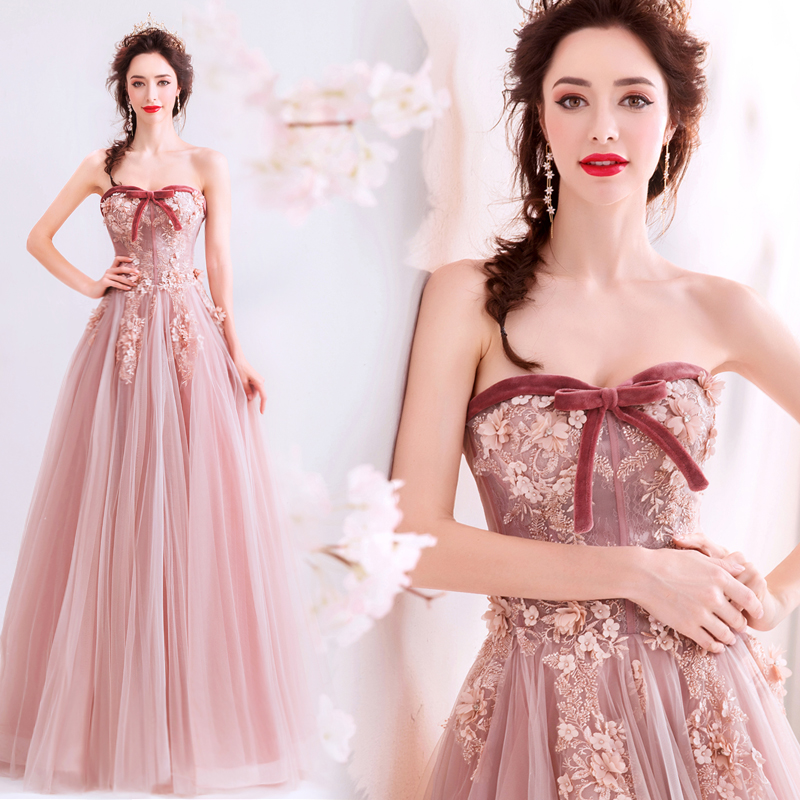Pink sweetheart neck tulle long prom dress, evening dress