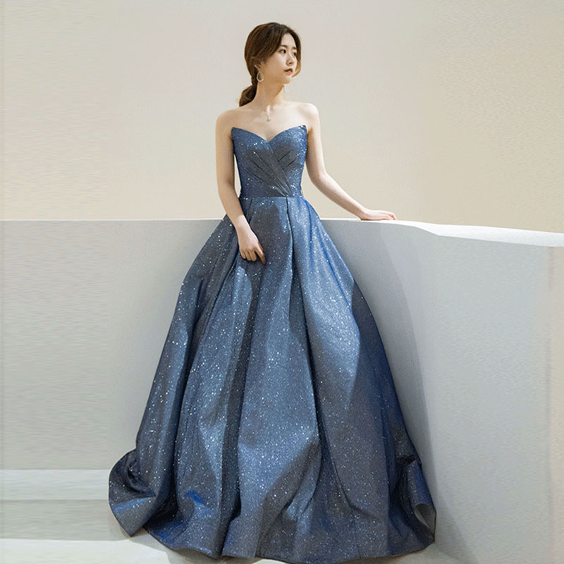 Dark blue satin long prom dress, evening dress