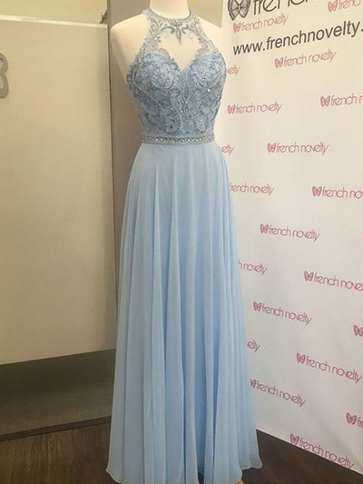 Beaded Light Blue Long Prom Dresses,2019 Prom Dresses
