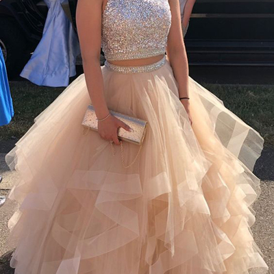 Champagne two piece ball gown beaded long prom dresses - Thumbnail 5