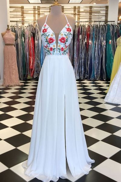 2019 White Split Prom Dresses,Embroidery Long Prom Dresses