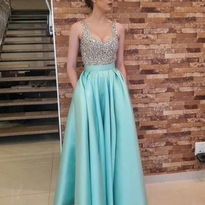A line v neck mint long prom dresses with pockets,2019 beaded long prom dresses - Thumbnail 5