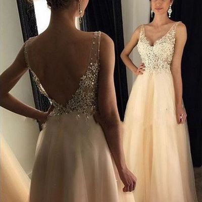 A line v neck yellow lace prom dresses,2019 beaded long prom dresses - Thumbnail 3