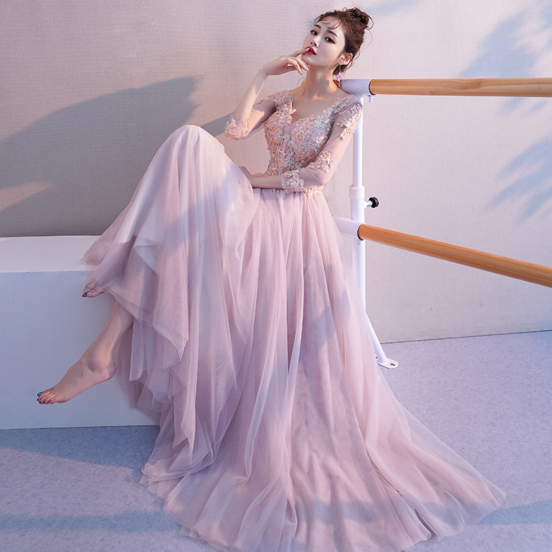 Pink v neck tulle lace long prom dress, pink evening dress