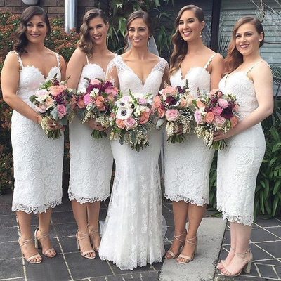 Elegant Column White Lace Bridesmaid Gowns,2019 Short Bridesmaid Dresses