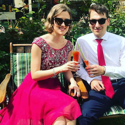 Pretty round neck cap sleeve beaded a-line hot pink homecoming dress, short prom dress - Thumbnail 3