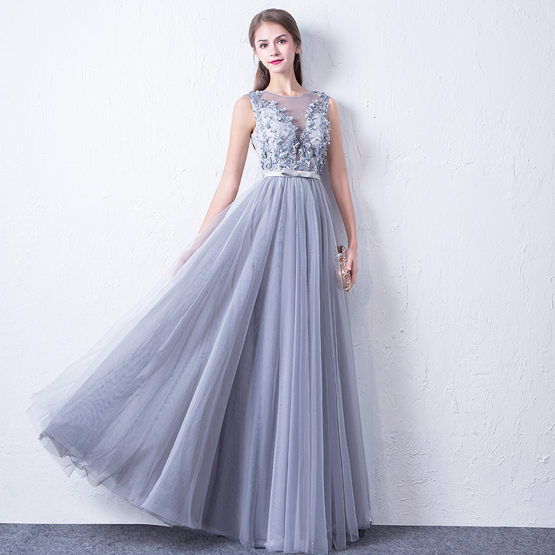Gray round neck tulle lace long prom dress, evening dress