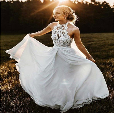 Halter Long Wedding Dresses Bridal Gown with Lace Appliques