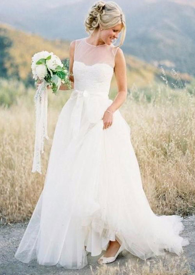 Simple Sheer Neck Long Wedding Dresses with Sash