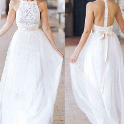 Vintage halter long wedding dresses with sash appliques - Thumbnail 4