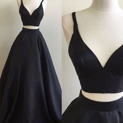 Elegant two piece long black prom dress, formal evening dress with pockets - Thumbnail 4
