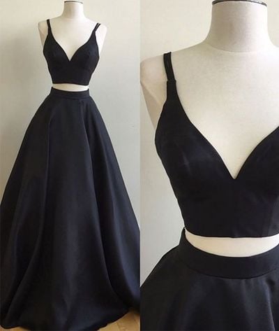Elegant Two Piece Long Black Prom Dress, Formal Evening Dress with Pockets