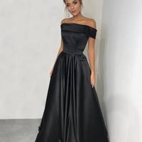 Off the shoulder Black Satin Long Prom Dresses with Pockets - Thumbnail 1