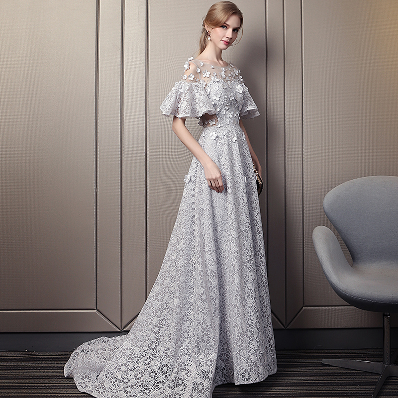 Gray round neck lace applique long prom dress, evening dress