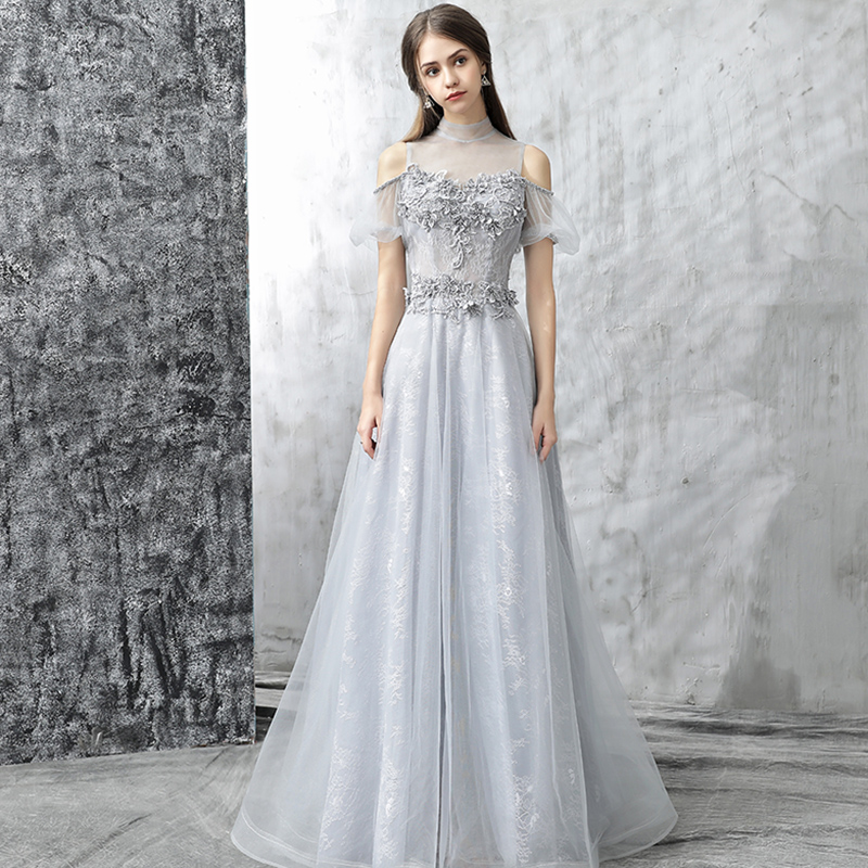 Stylish high neck lace long prom dress, evening dress