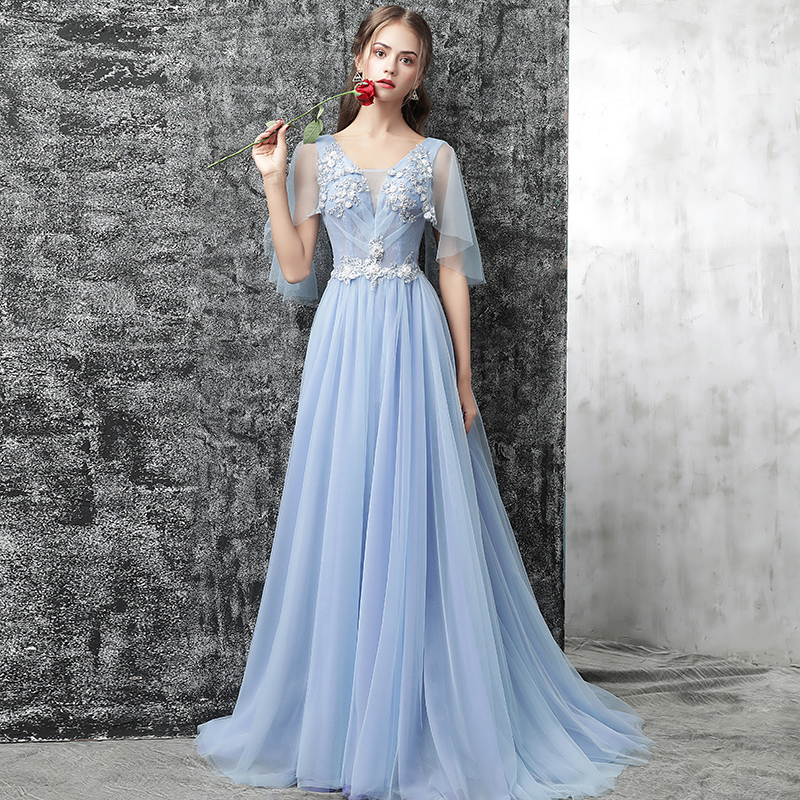 Light blue v neck tulle lace long prom dress, evening dress