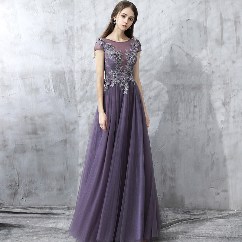Purple round neck tulle lace long prom dress, formal dress