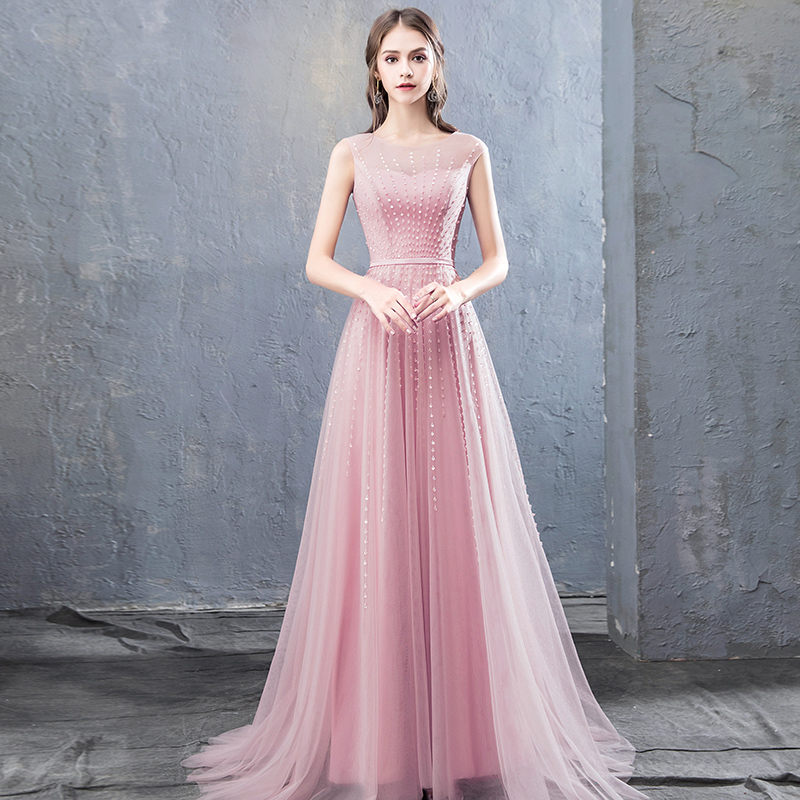 Stylish round neck tulle beaded long prom dress, evening dress