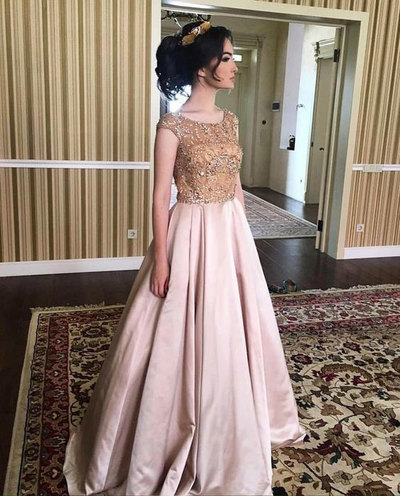 V Back Long Prom Dresses with Beaded