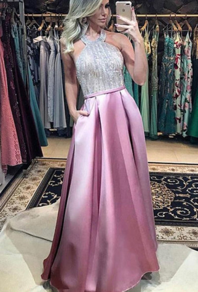 Halter Long Light Fuchsia Prom Dresses with Sequins