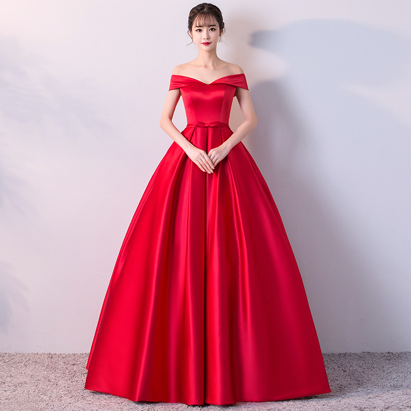 Red v neck satin off shoulder long prom dress, evening dress