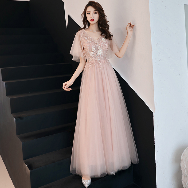Pink v neck tulle lace long prom dress, evening dress