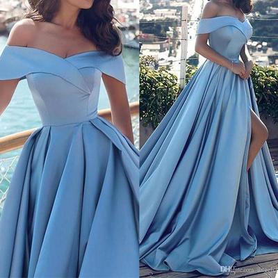 Off the shoulder satin blue long prom dresses, split long prom gowns - Thumbnail 3