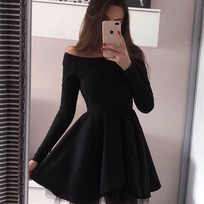 A line long sleeves off the shoulder black short dresses, homecoming dresses, cute dresses - Thumbnail 3