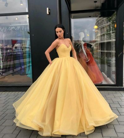 Ball Gown Yellow Tulle Satin Long Prom Dresses, V Neck Princess Dresses